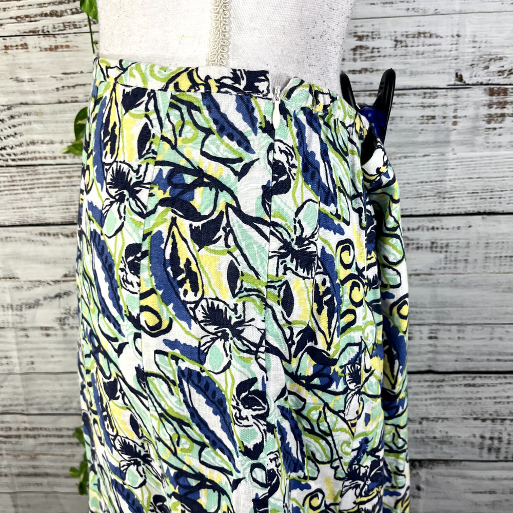 JM Collection Skirt 16 Petite Blue Green Yellow Floral Linen Calf Midi Hawaii - Picture 9 of 13